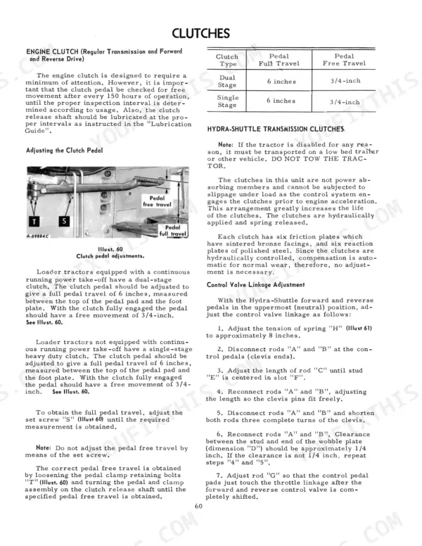 International 3444, International 3444 Loader Tractor clutch pedal adjustment diagram and transmission clutch specs.