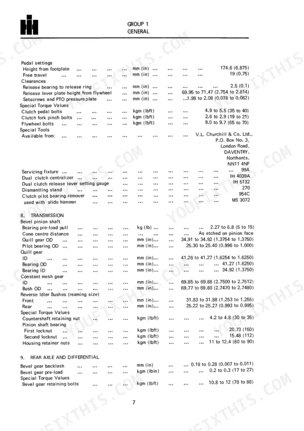 International 384, 238 service manual specs for clutch, transmission, and rear axle torque and clearance settings.