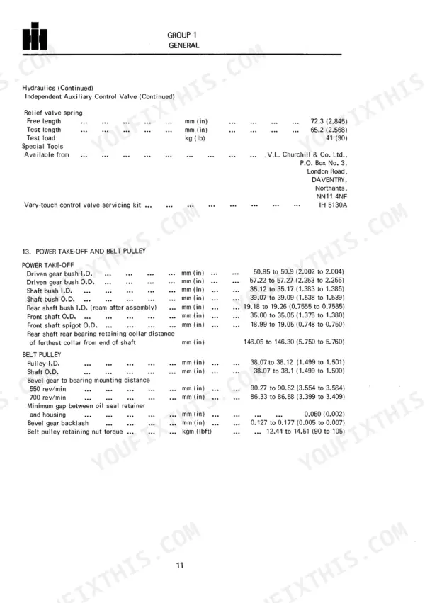 International 384, 238 service manual specifications table for hydraulics, power take-off, and belt pulley components.