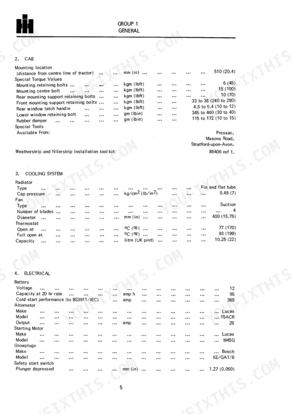 International 384, 238 service manual specifications table for cab torque, cooling system, and electrical components.