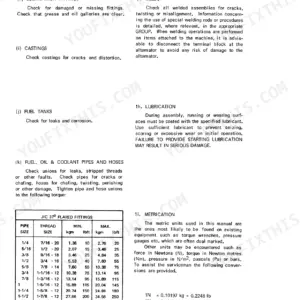 International 384, 238 service manual page showing general maintenance procedures and JIC 37 degree flared fitting torque table.