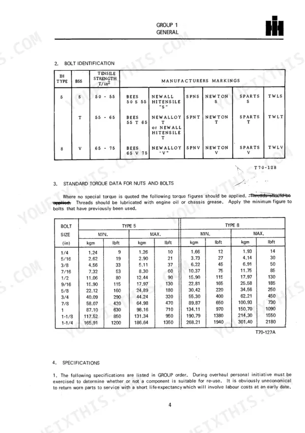 International 384, 238 bolt identification table and standard torque data chart for type 5 and type 8 nuts and bolts.