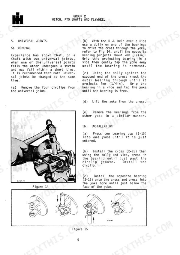 International 425D, 435D, 445D Pickup Balers: Universal joint removal and installation procedures with diagrams.