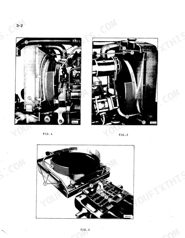 International 434 Tractor: Radiator, cooling system, and fan shroud assembly diagrams showing hose and mounting points.