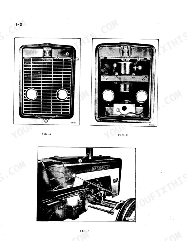 International 434 tractor radiator grille and hood components