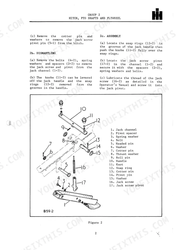 International 435, 445 Pickup Balers: Exploded view diagram and dismantling/assembly procedures for hitch jack assembly.