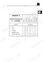 International 435, 445 Pickup Balers Group 2 table of contents for hitch, PTO shafts, and flywheel service procedures.