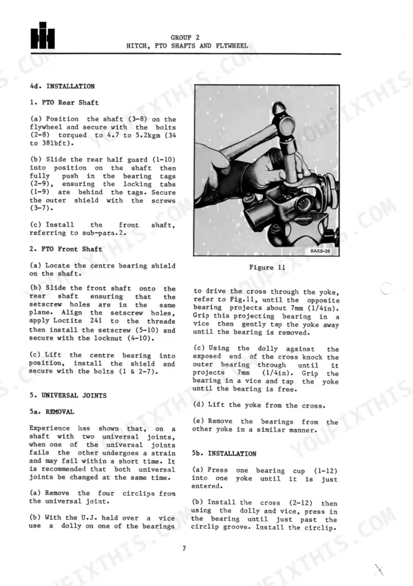 International 435, 445 Pickup Balers: PTO shaft installation and universal joint removal and installation procedures.