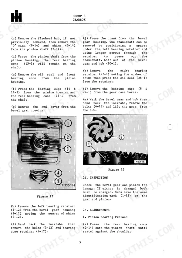 International 435, 445 Pickup Balers gearbox repair procedures, bevel gear removal diagrams, and inspection instructions.