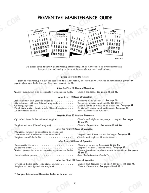 International 444 Tractor, Preventive Maintenance Guide table listing service intervals for engine, cooling, and tires.