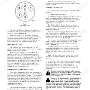 International 444 Tractor, International 444 Tractor... [list], gearshift pattern diagram, driving and starting procedures.