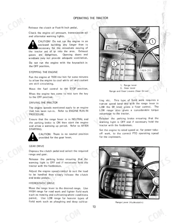 International 484, 584, 684, 784, Hydro 84 operating instructions, gear and range lever diagrams, and tractor starting procedures.