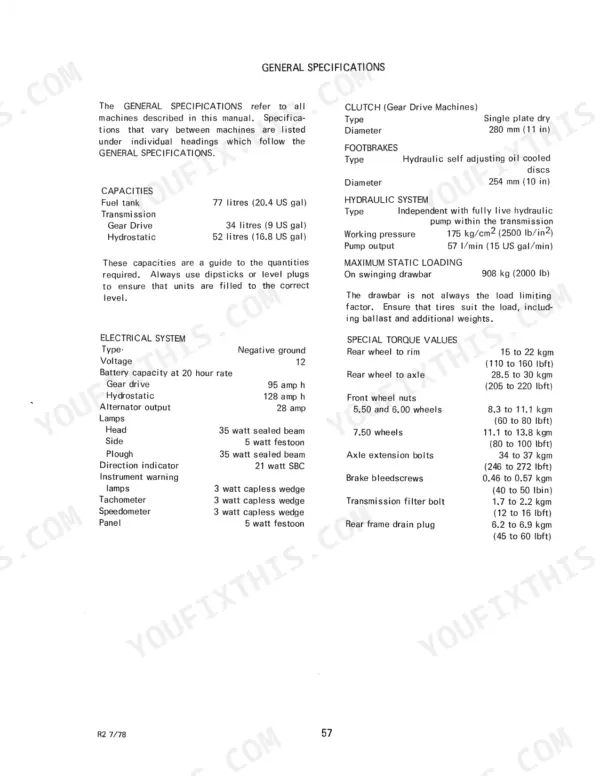 International 484, 584, 684, 784, Hydro 84 general specifications table for capacities, electrical, clutch, brakes, and torque.