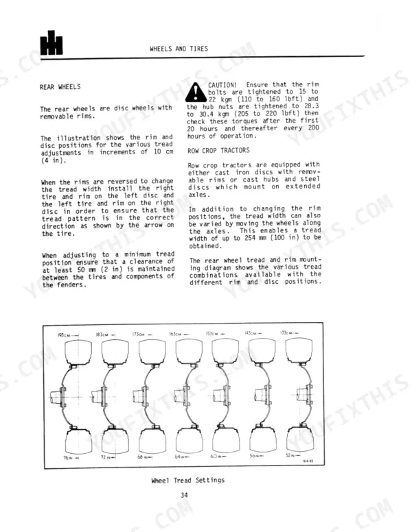 International 484, 584, 684, 784, 884, Hydro 84 rear wheel tread adjustment procedures, torque specs, and settings diagram.