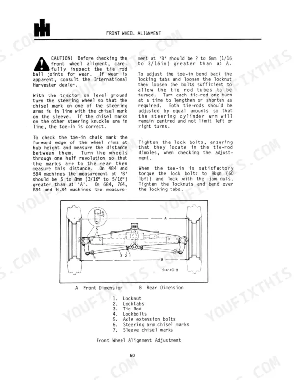International 484, 584, 684, 784, 884, Hydro 84 front wheel alignment procedure, toe-in adjustment diagram and specs.