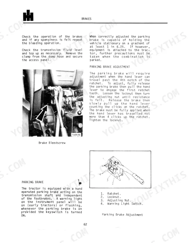 International 484, 584, 684, 784, 884, Hydro 84 brake bleeding and parking brake adjustment procedures and diagrams.