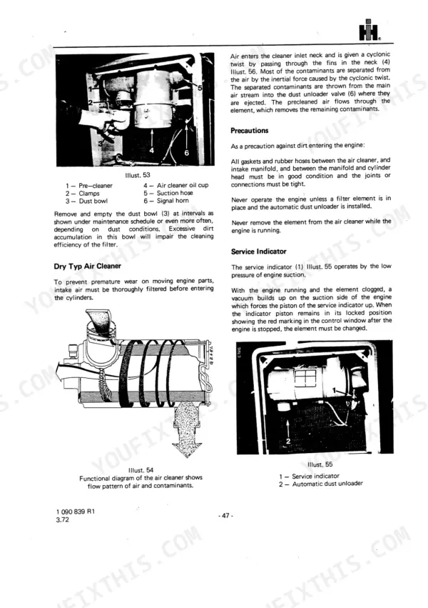 International 553, 654, 724, 824 air cleaner maintenance, service indicator, and dust unloader diagrams.
