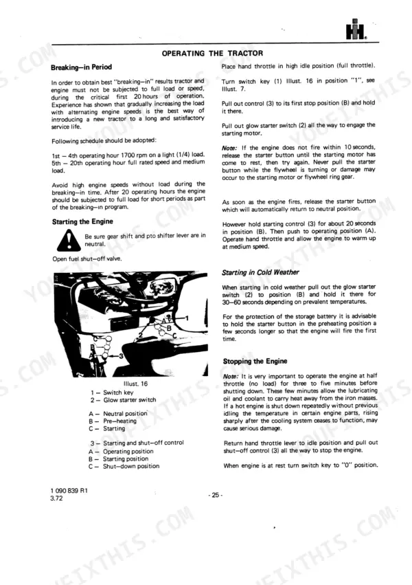 International 553, 654, 724, 824 operator manual page on engine breaking-in, starting, and stopping procedures.