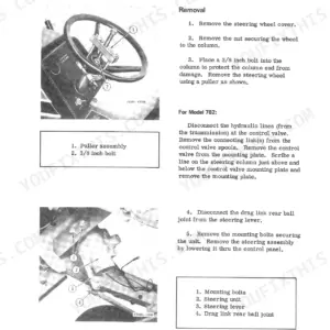 International Cub Cadet 582–982 steering assembly removal procedure, steering wheel and unit diagrams.