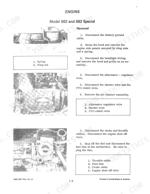 International Cub Cadet 582–982 engine removal procedure steps and component identification diagrams.