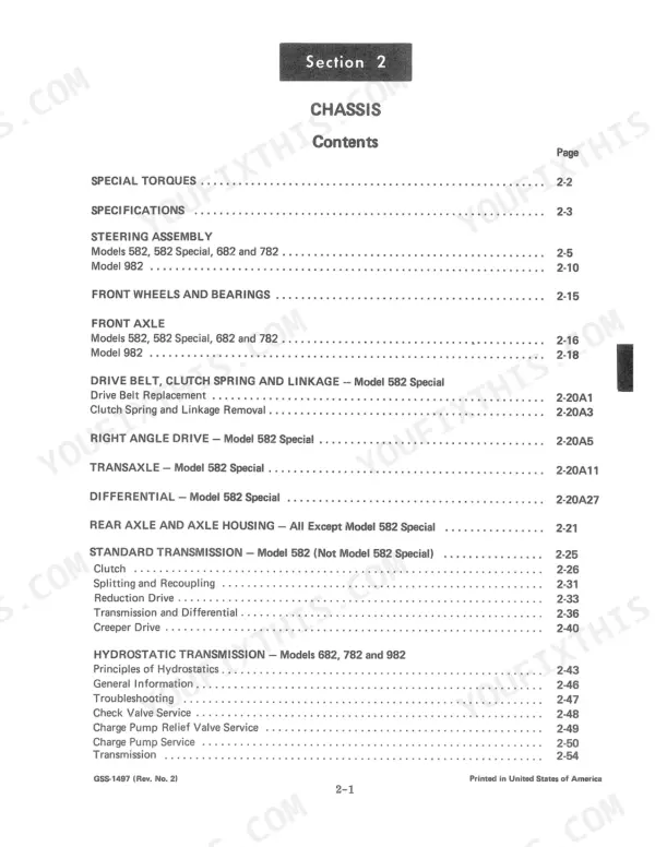 International Cub Cadet 582–982 Chassis section table of contents listing steering, axle, and transmission.