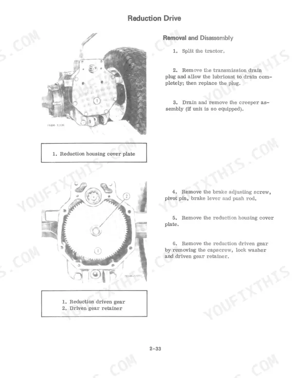International Cub Cadet 582–982 reduction drive removal and disassembly procedure with gear diagrams.