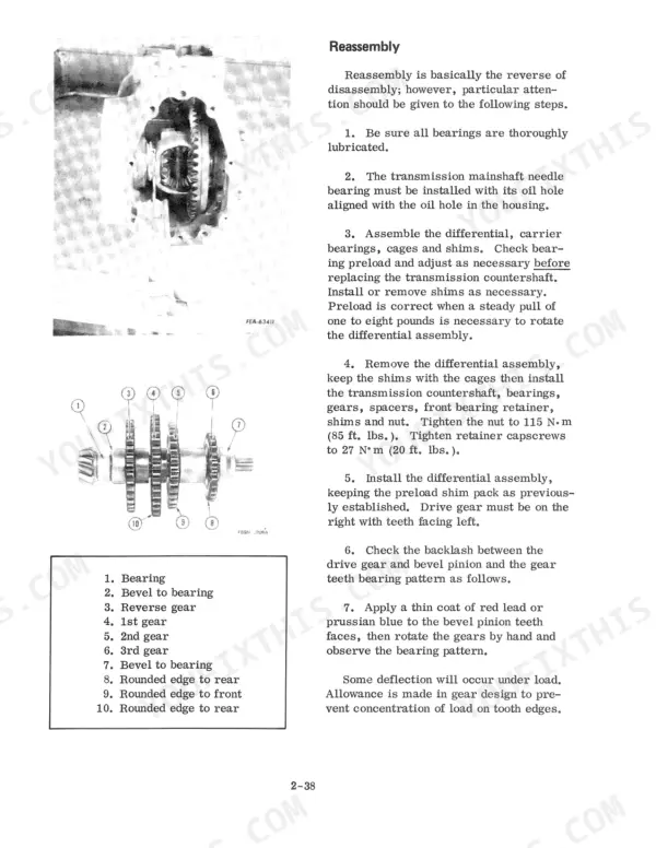 International Cub Cadet 582–982 transmission reassembly procedures, differential and gear diagrams.