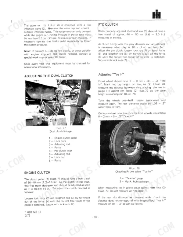 International 946, 1046, 1246 manual: dual clutch, PTO clutch, and front wheel toe-in adjustment procedures.