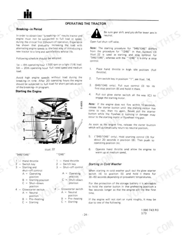 International 946, 1046, 1246 tractor breaking-in period, engine starting procedures, and cold weather starting guide.