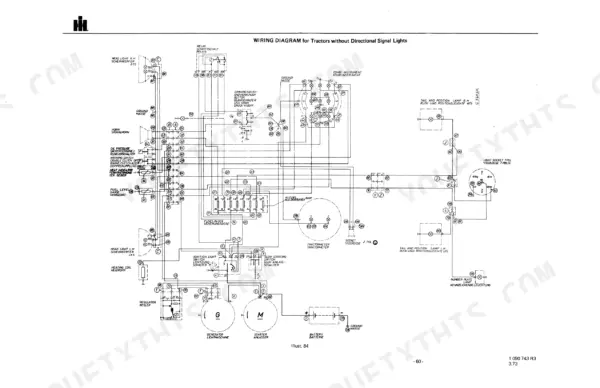International 946, 1046, 1246 wiring diagram for tractors without directional signal lights, showing fuse block and gauges.