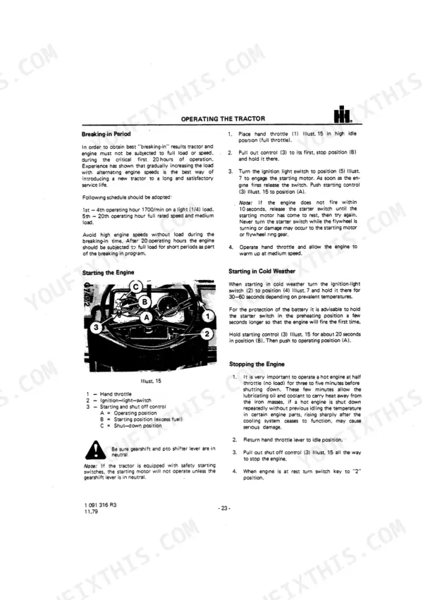 International 955, 1055, Diesel Tractors manual page for engine starting, stopping, and breaking-in procedures.