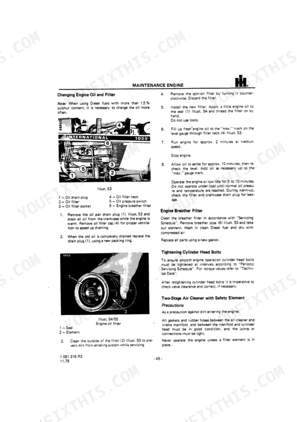 International 955, 1055, Diesel Tractors engine oil and filter change procedure with component diagrams and maintenance steps.