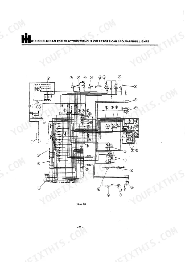 International 955, 1055, Diesel Tractors wiring diagram for models without operator's cab and warning lights.