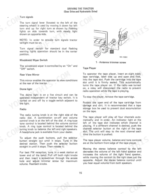 International 966 Tractor operator manual page showing turn signal, radio, and tape player controls with antenna trimmer screw diagram.