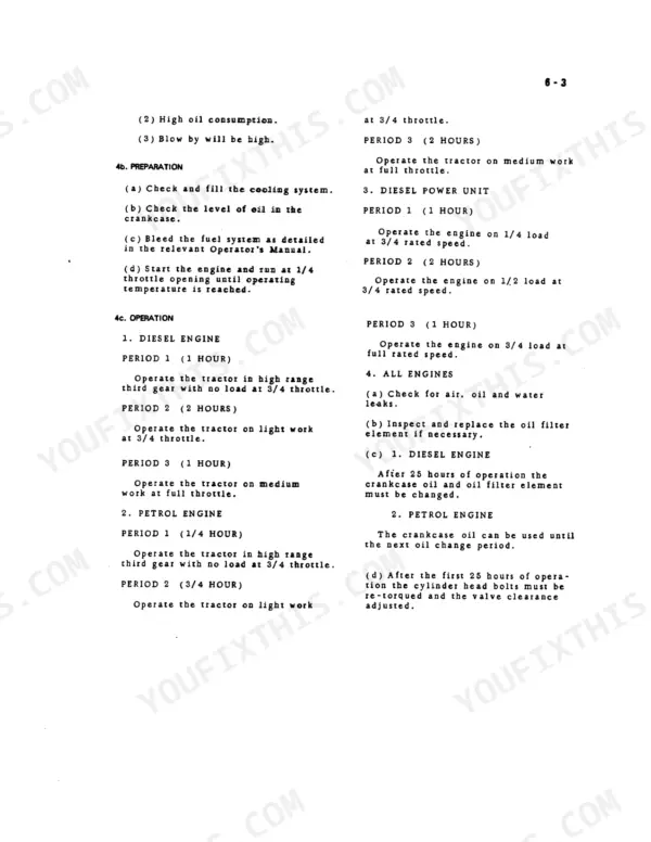 International BC-144, BD-144, BD-154 engine break-in procedures, operation periods, and maintenance requirements.