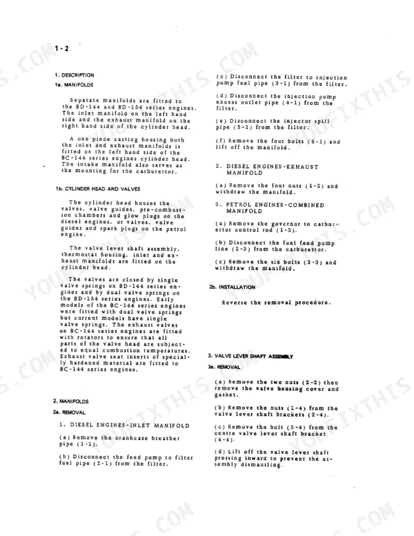 International BC-144, BD-144, BD-154 service manual page detailing manifold and valve lever shaft removal procedures.
