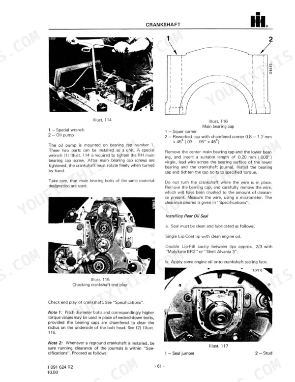 International D-155-DT-402 manual: Crankshaft oil pump installation, end play check, main bearing cap, and rear oil seal procedures.