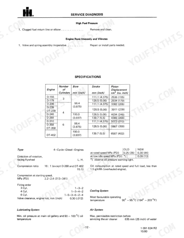 International D-155, D-179, D-206, D-239, D-246, D-268, D-310, D-358, DT-239, DT-358, DT-402 engine specs and troubleshooting.
