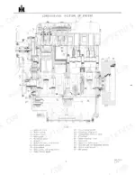 International D-206, D-239 engine longitudinal section diagram with numbered parts list for valves, gears, and flywheel.