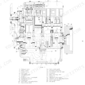 International D-206, D-239 engine longitudinal section diagram with numbered parts list for valves, gears, and flywheel.