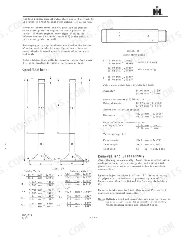 International D-206, D-239 valve specifications, stem guide dimensions, and cylinder head disassembly procedures.