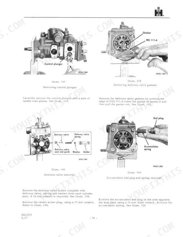 International D-206, D-239 fuel injection pump procedures: removing control plunger, delivery valves, gaskets, and accumulator.