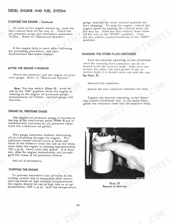 International Harvester 574 Tractor C-200 D-239 — engine starting, oil pressure gauge, and ether fluid replacement
