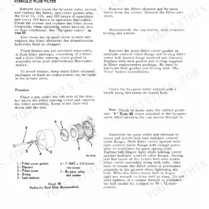 International Harvester 574 Tractor, C-200, D-239: Hydraulic fluid filter replacement procedure and exploded view.