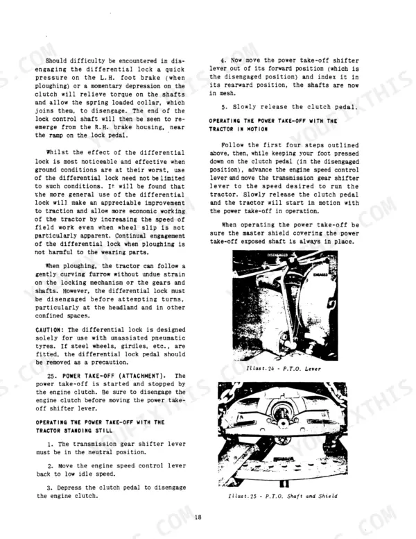International Harvester B-250 differential lock and PTO operating procedures with lever and shaft diagrams.