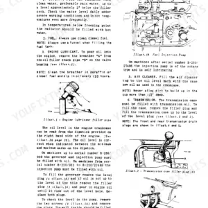 International Harvester B-250 operator manual page showing engine fluid filling procedures, fuel injection pump, and transmission filler plugs.