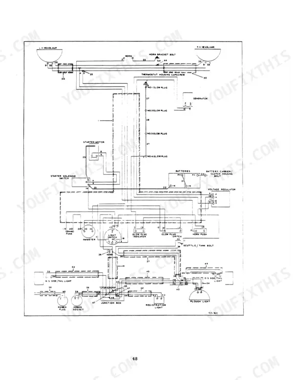International Harvester B-250 electrical wiring diagram showing starter, glow plugs, lights, and battery connections.