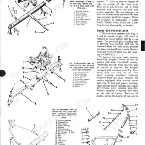 International Harvester B-275, B-414, B-354, B-364, B-384, B-424, B-444, B-2424, B-2444 exploded views of adjustable front axles.