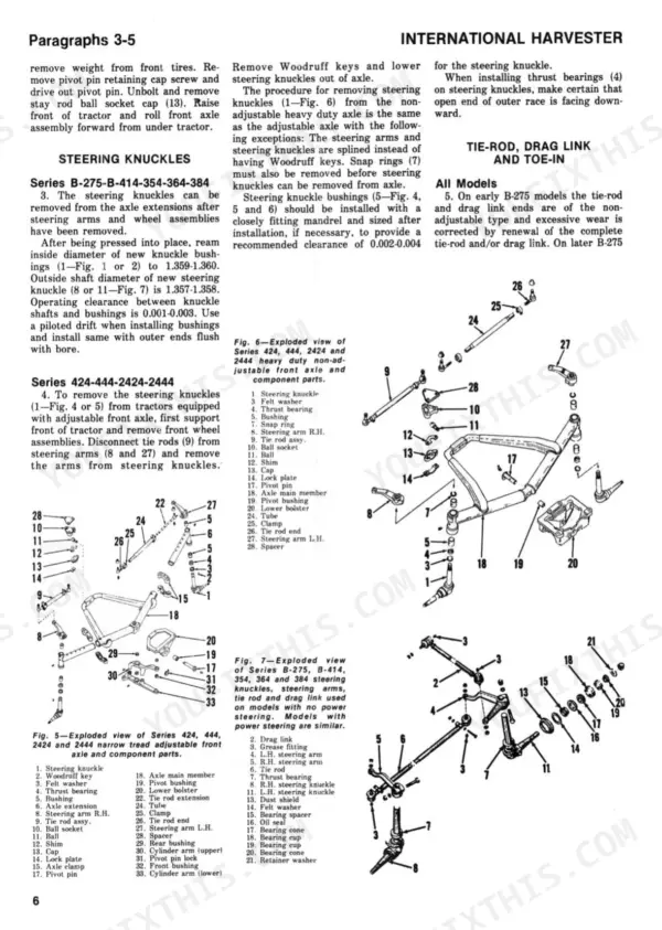 International Harvester B-275, B-414, B-354, B-364, B-384, B-424, B-444, B-2424, B-2444 steering knuckle and axle diagrams.