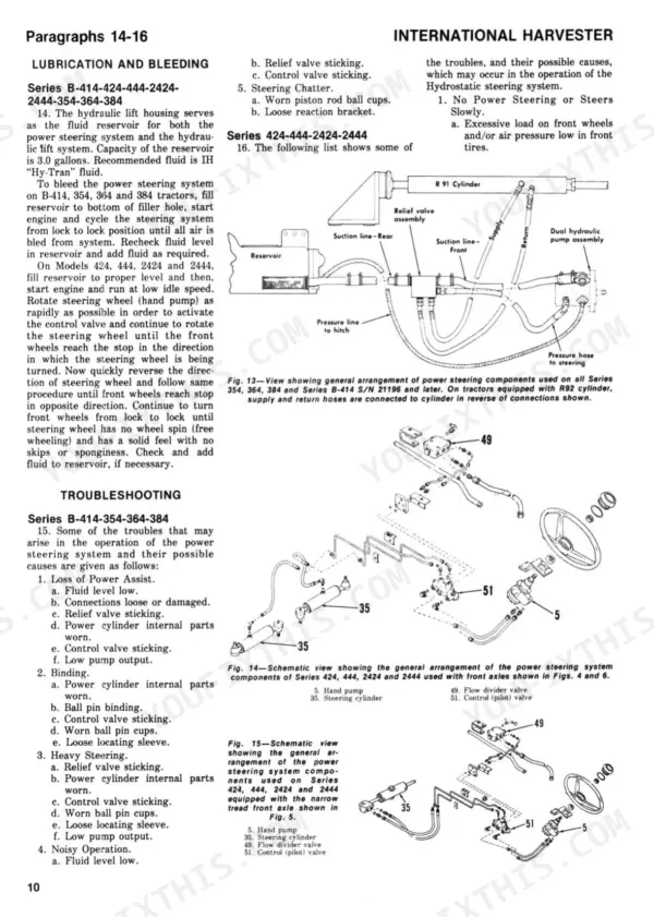 International Harvester B-275, B-414, B-354, B-364, B-384, B-424, B-444, B-2424, B-2444 power steering troubleshooting and diagrams